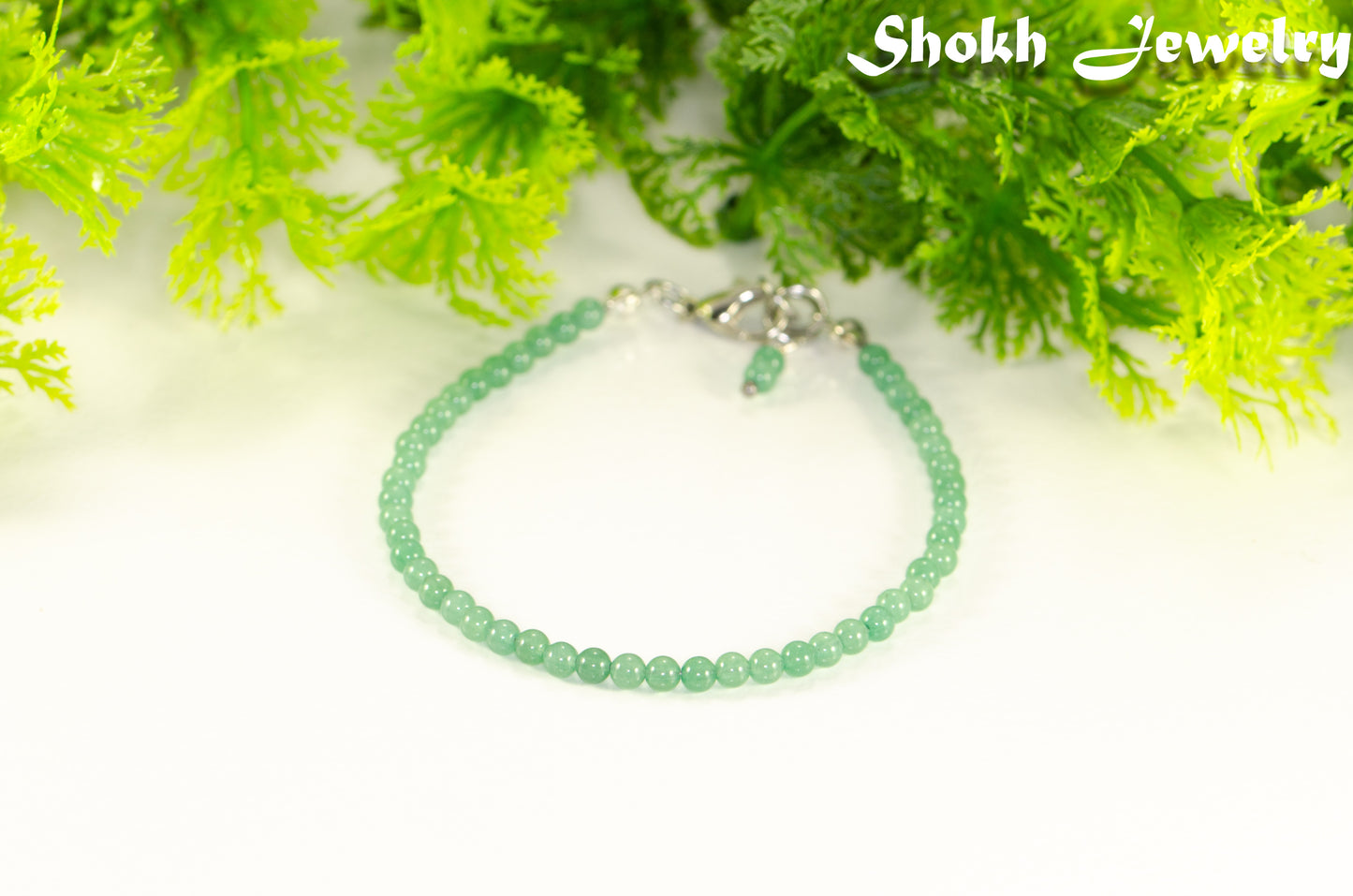 3mm Green Aventurine Beaded Bracelet with clasp and a dangle.