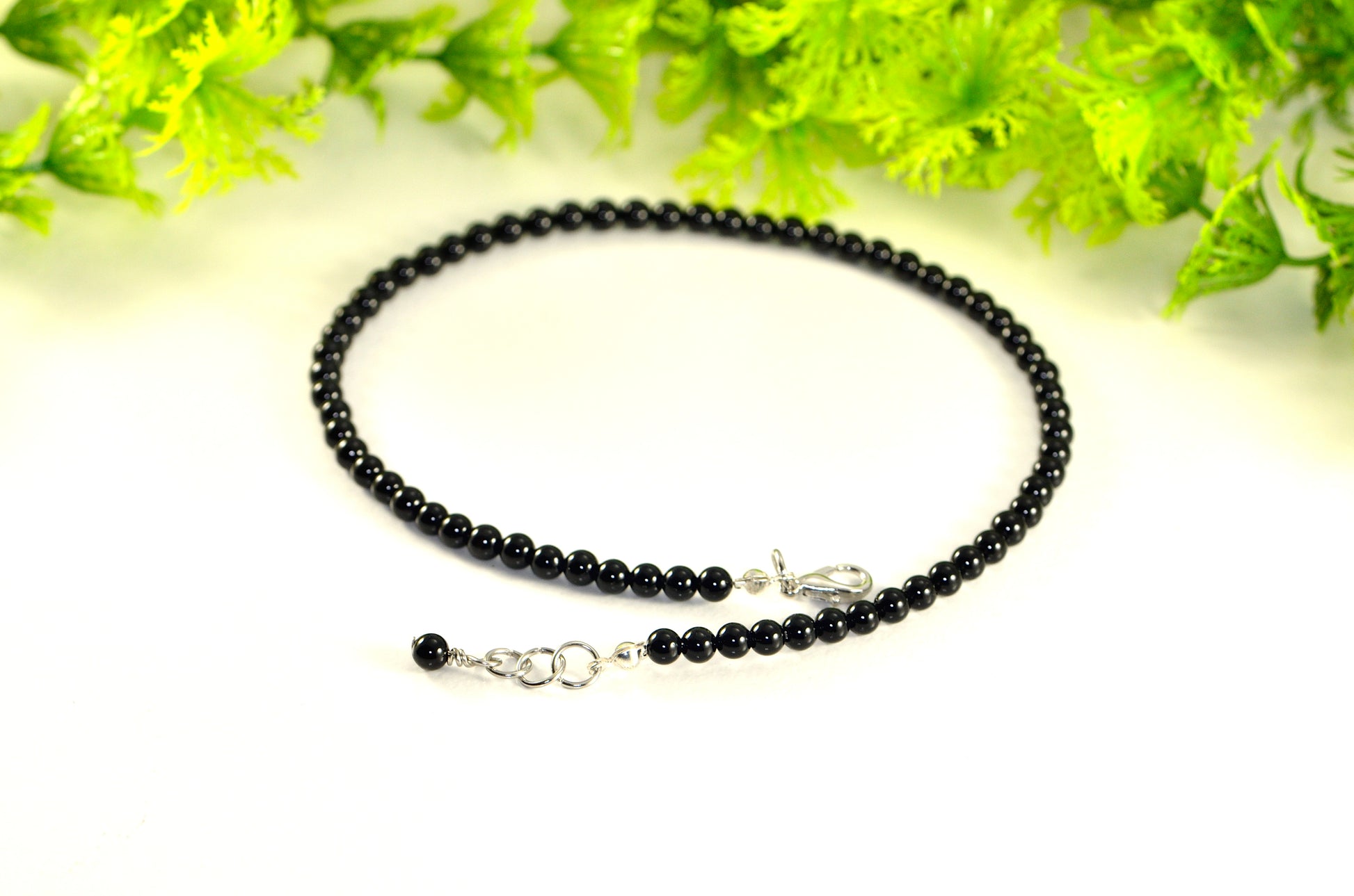 Close up of 4mm Black Obsidian Crystal Choker Necklace.