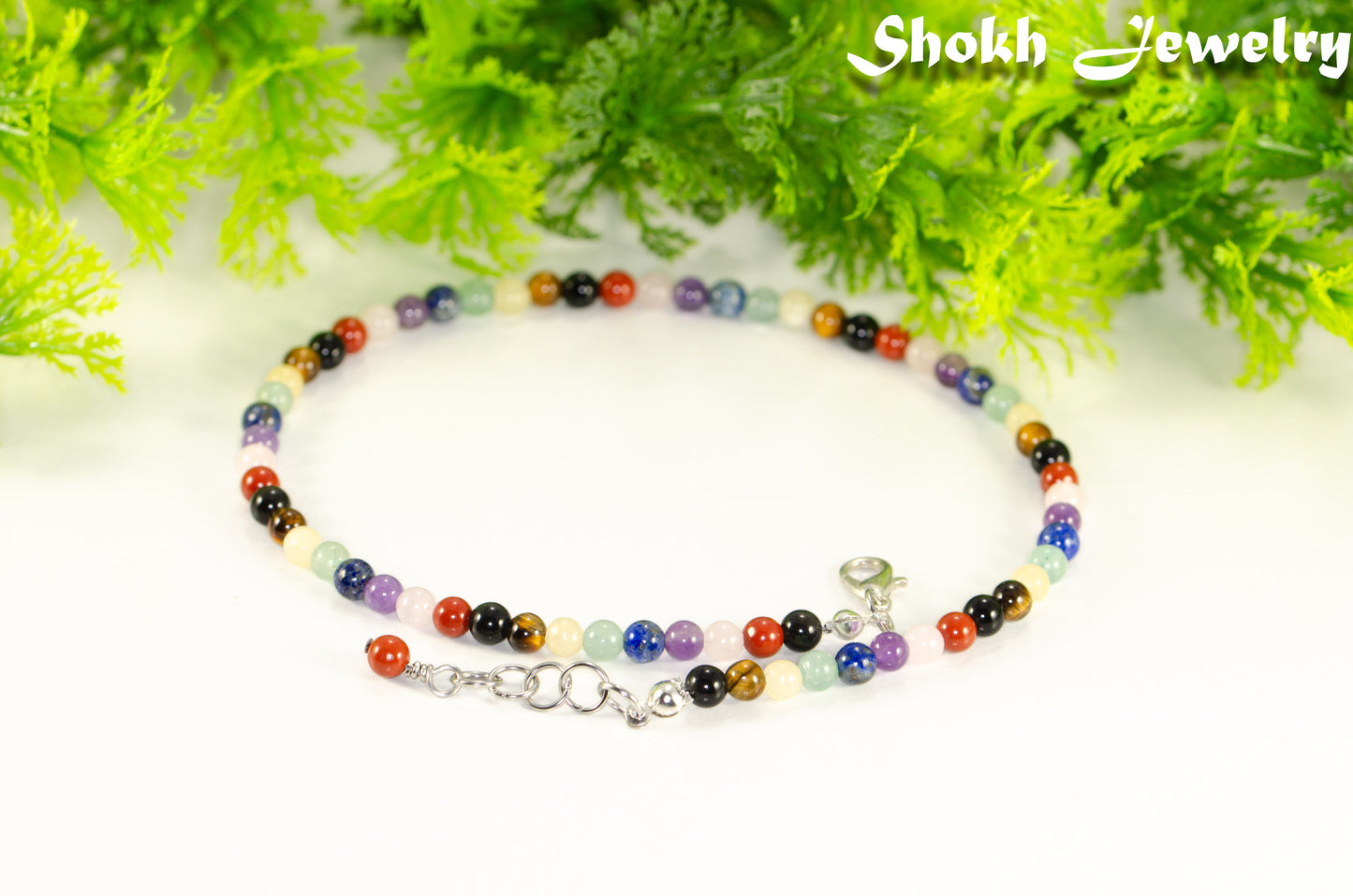 4mm Chakra Gemstone Choker Necklace with clasp, extender chain and a dangle.