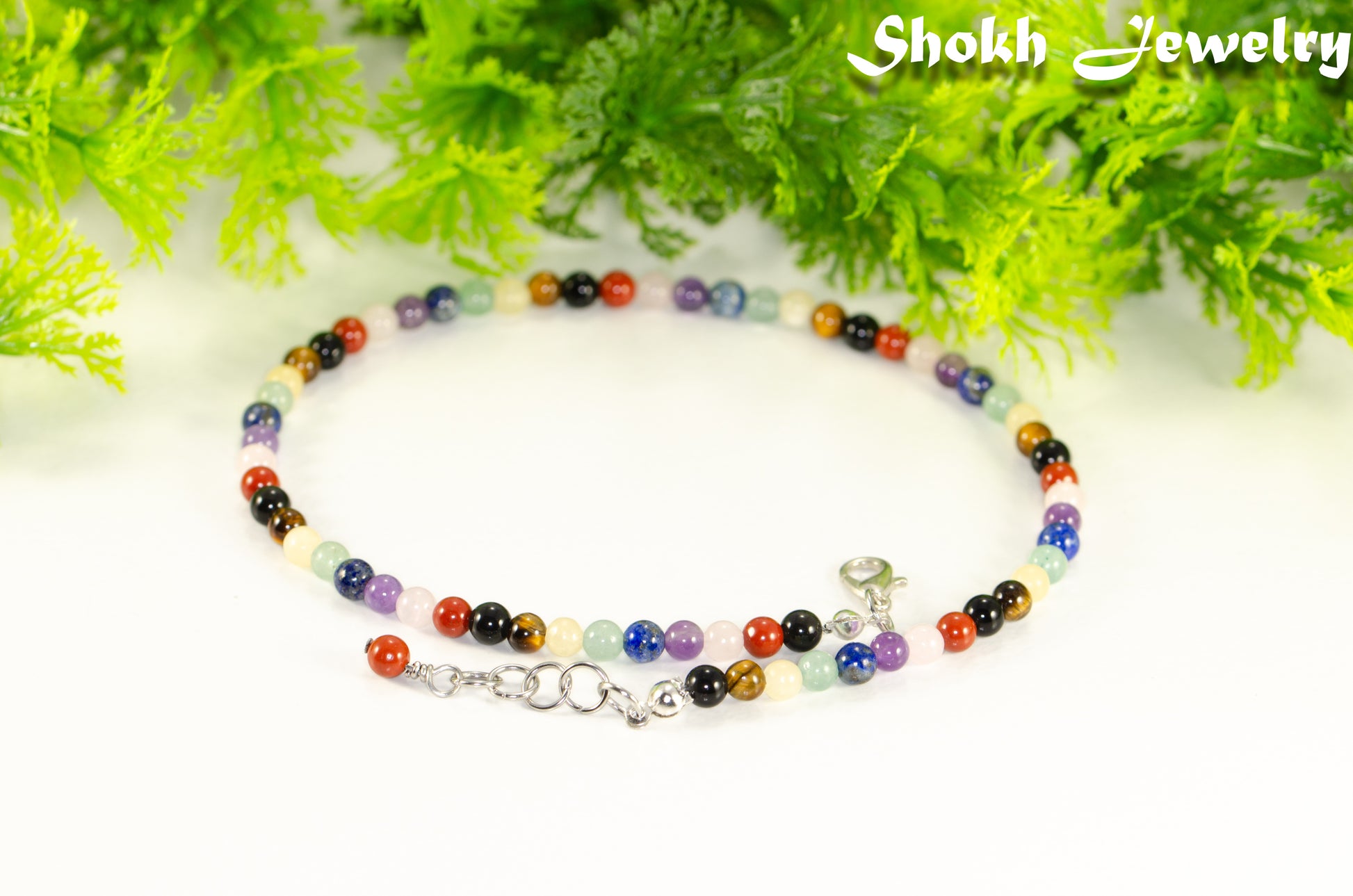4mm Chakra Gemstone Choker Necklace with clasp, extender chain and a dangle.