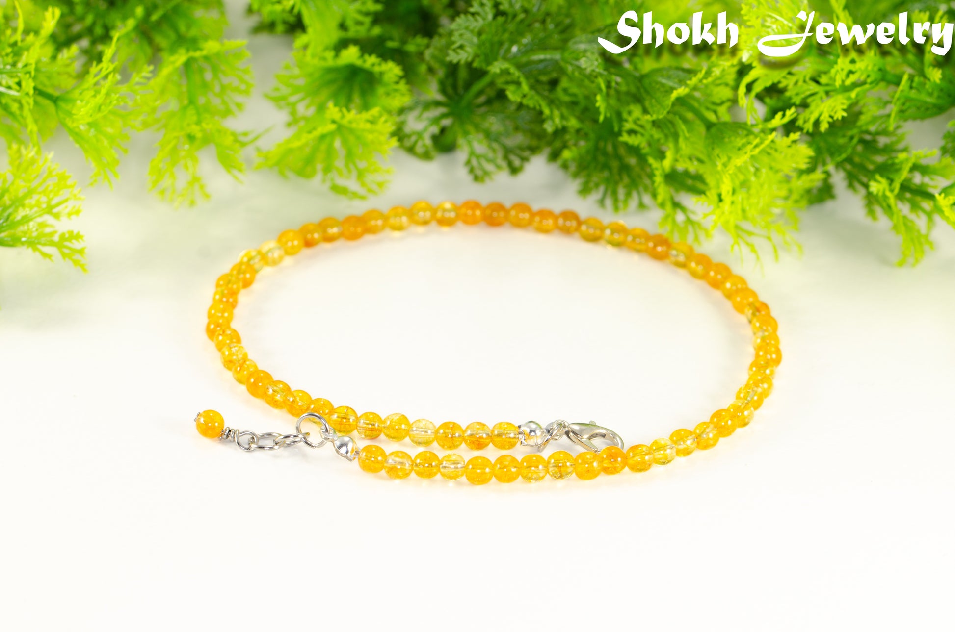 4mm Citrine Crystal Choker Necklace with clasp, extender chain and a dangle.