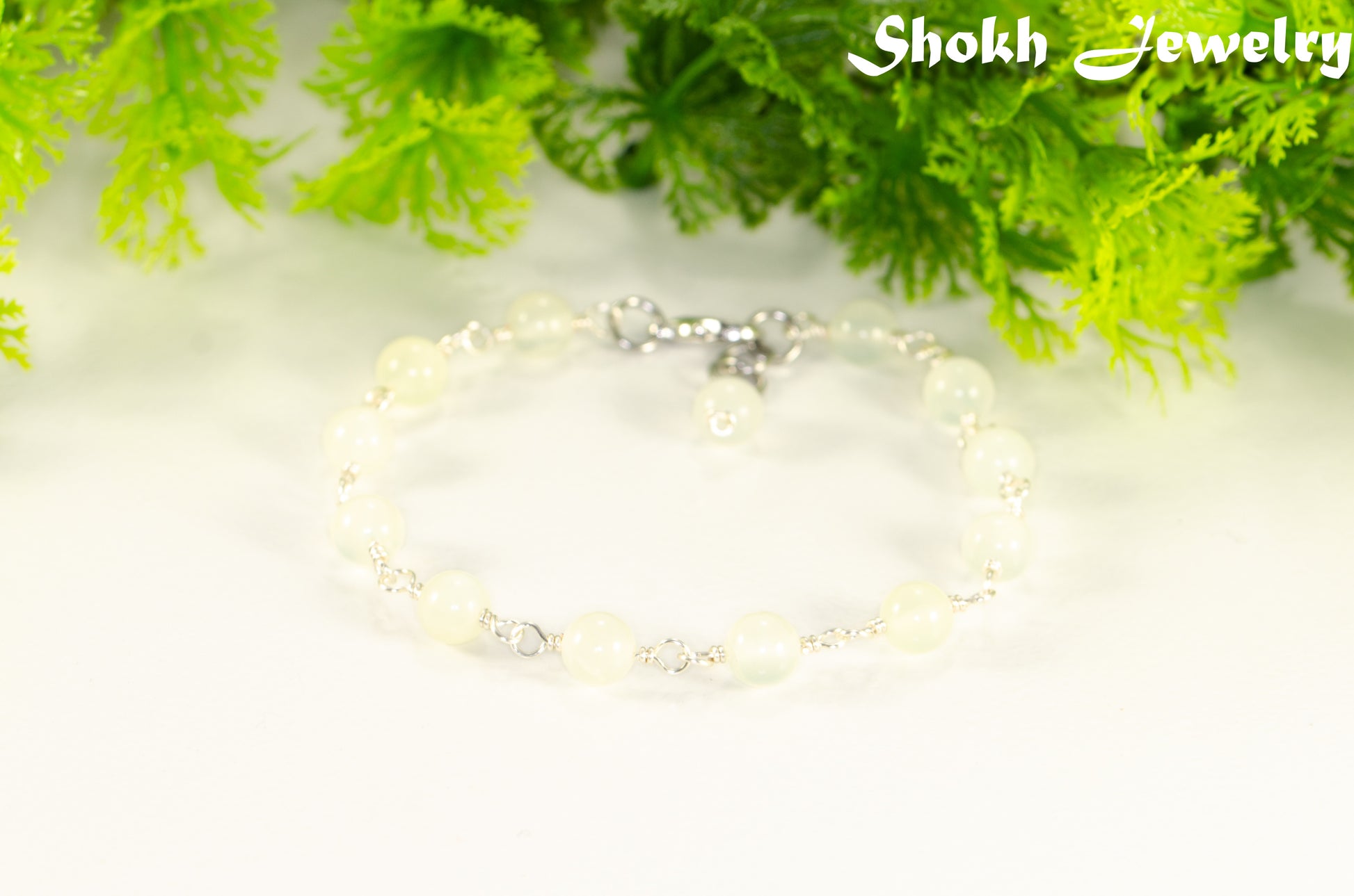 6mm Green Jade Link Anklet on white background.