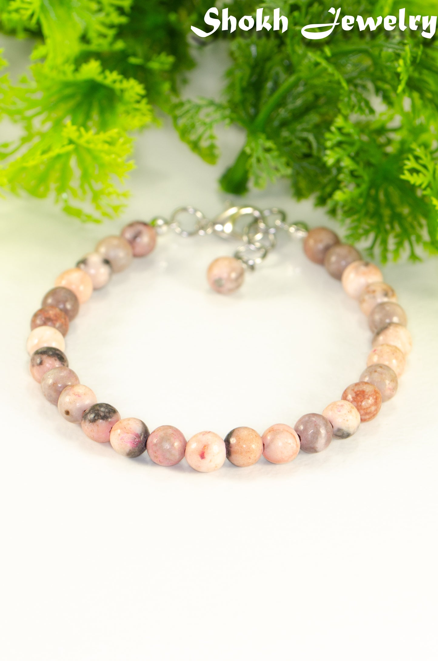 6mm Pink Zebra Jasper Beaded Anklet with clasp and a dangle.