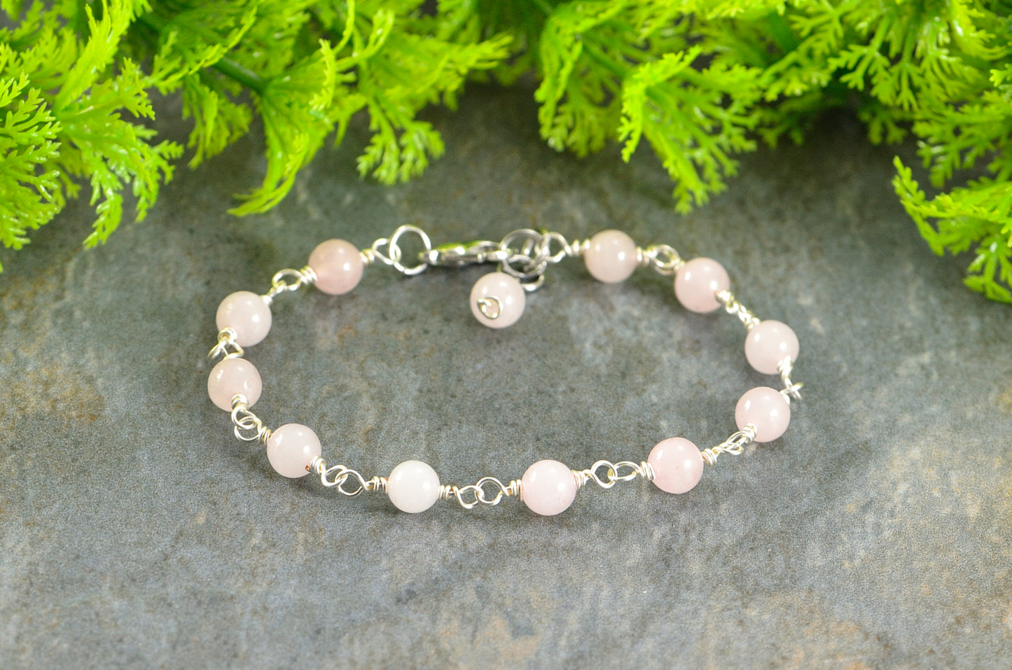 6mm Rose Quartz Link Bracelet for women.