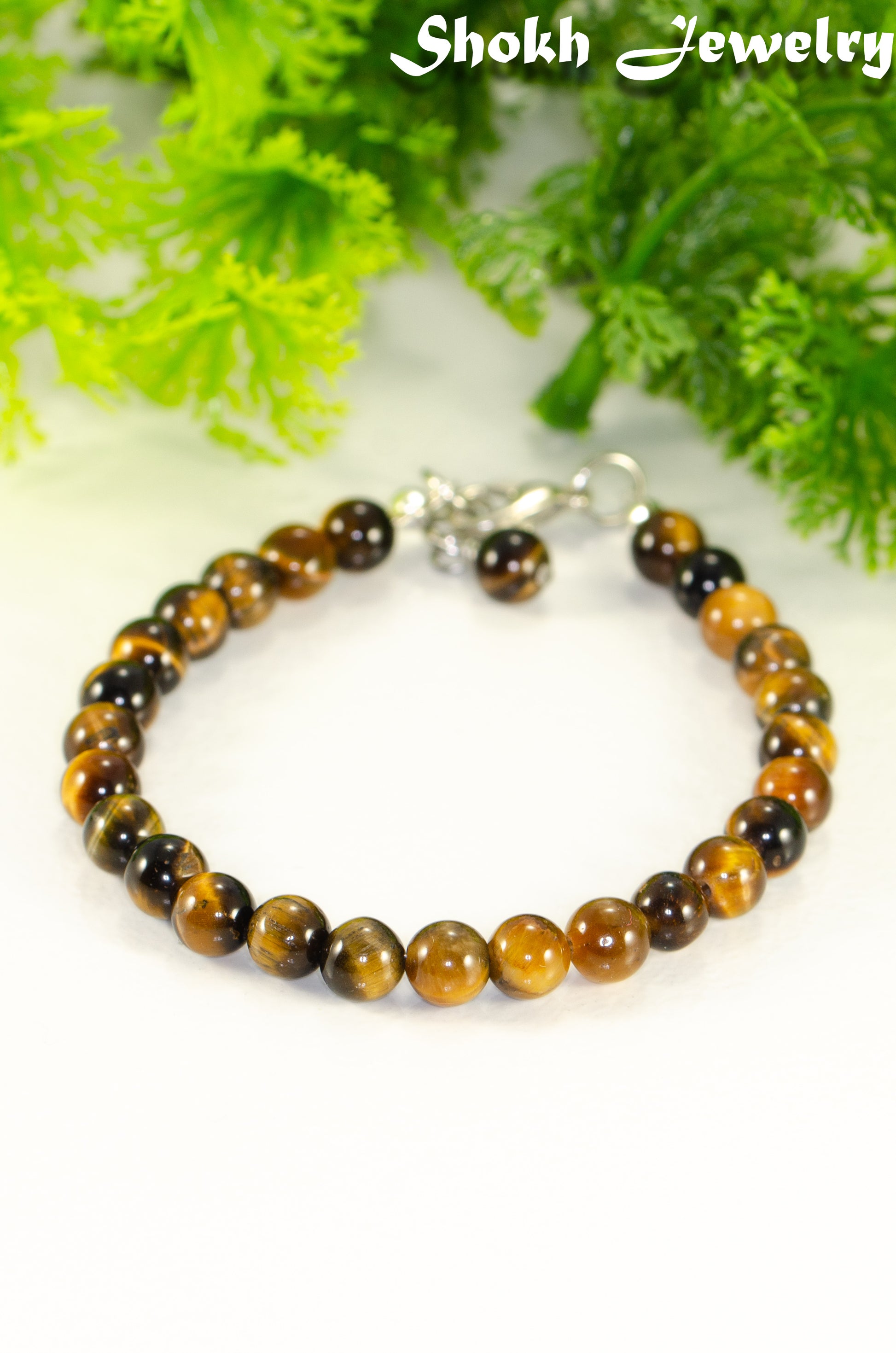 6mm Tiger's Eye Beaded Anklet with clasp and a dangle.