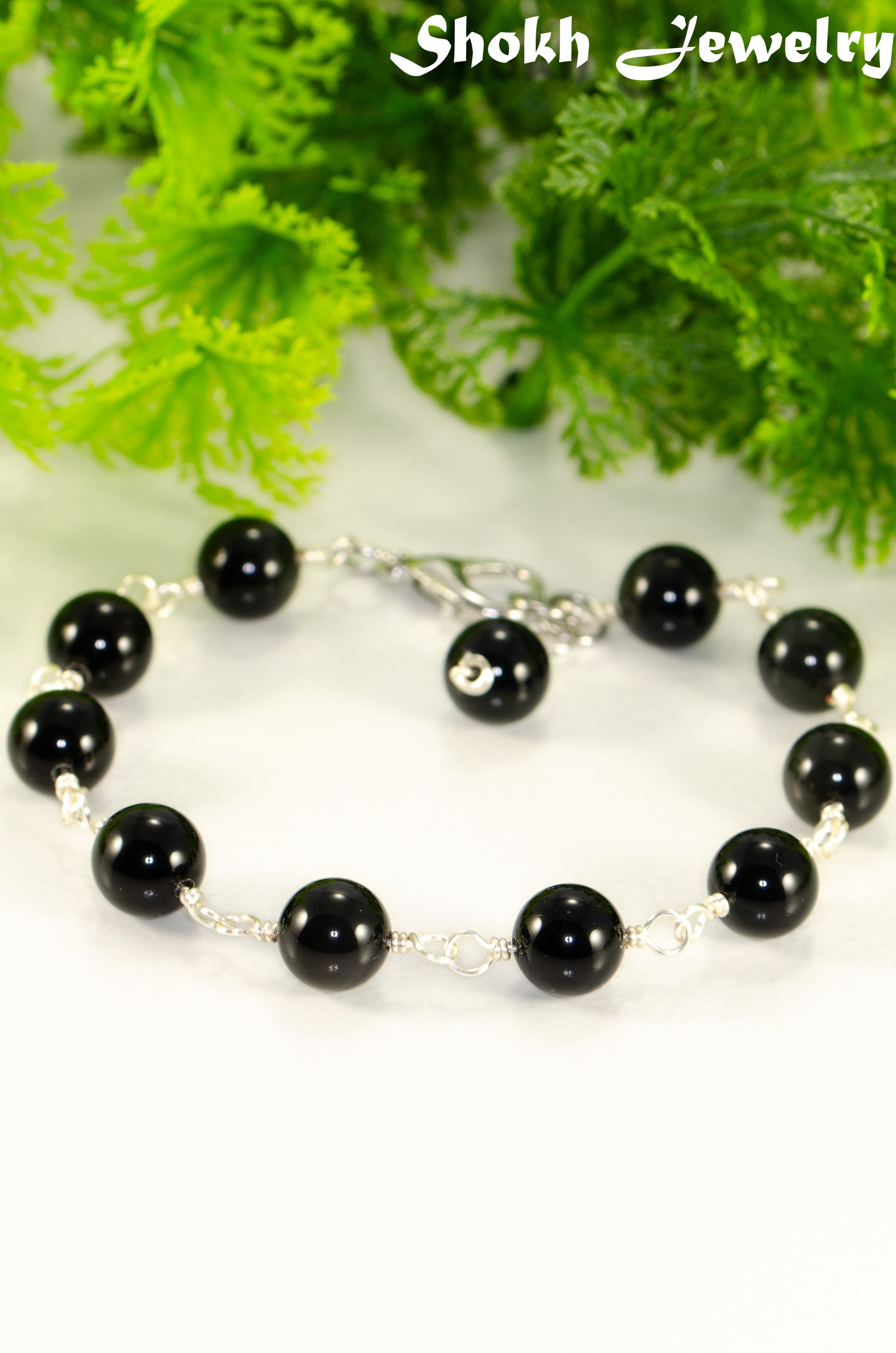 8mm Black Obsidian Link Anklet with clasp and a dangle.