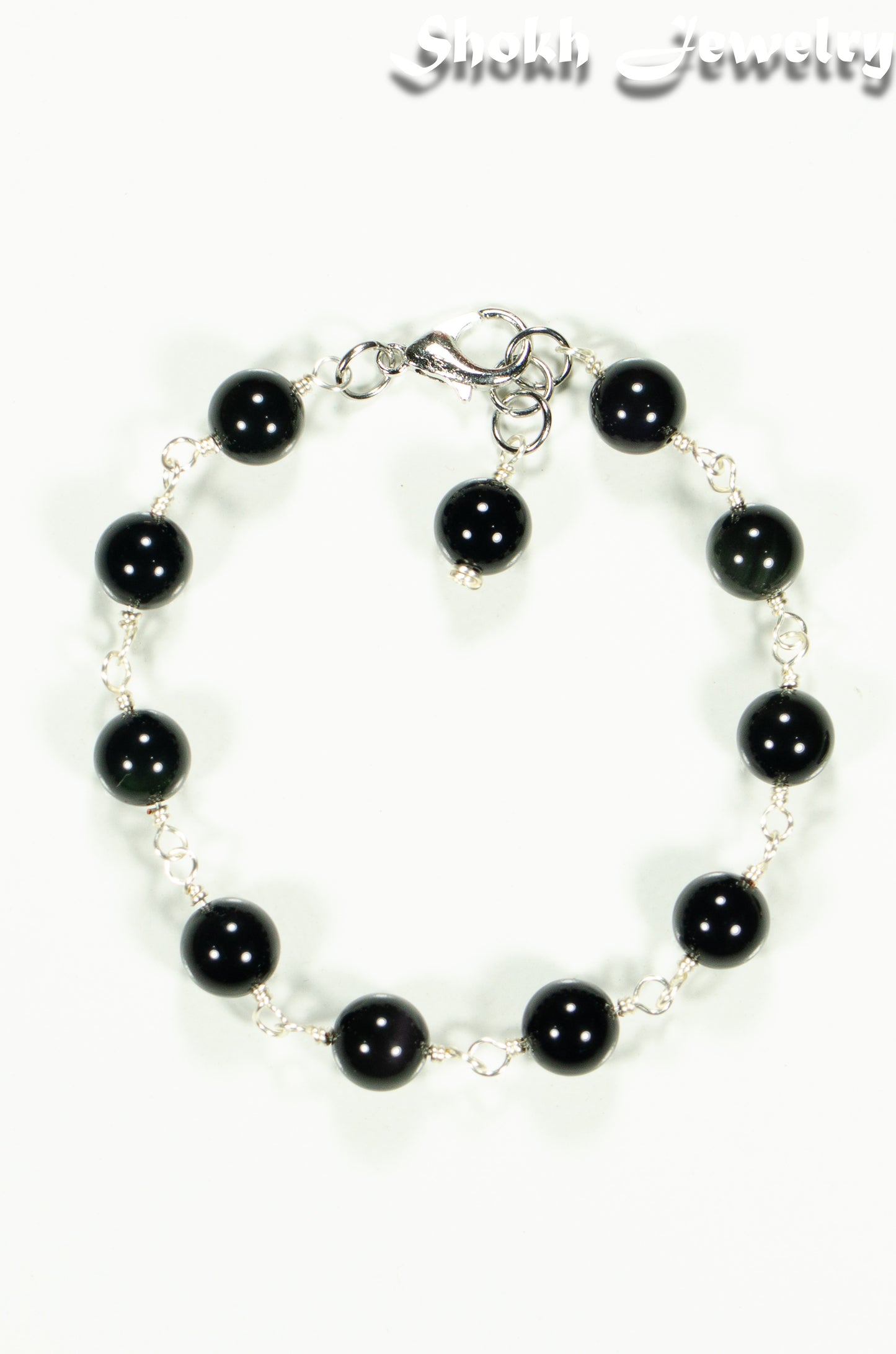 Top view of 8mm Black Obsidian Link Anklet.