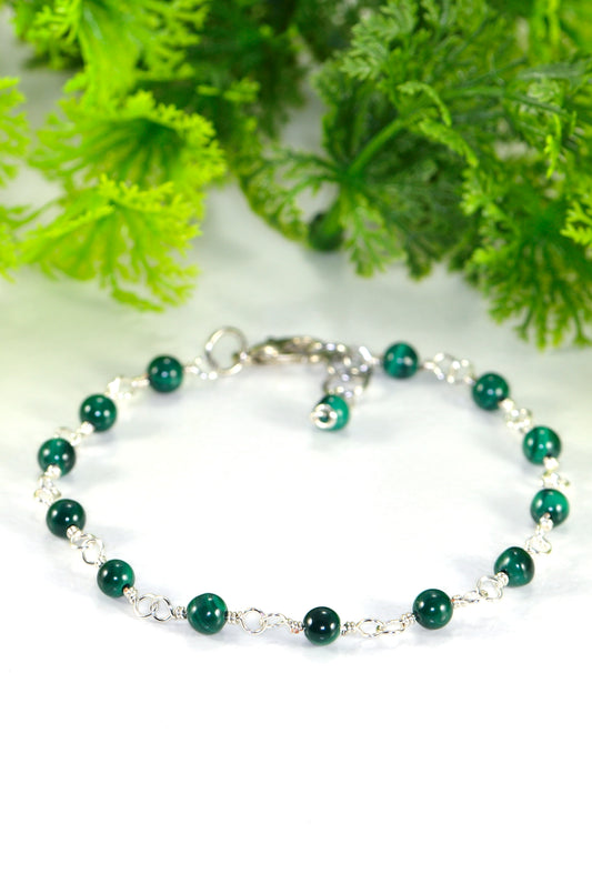 Close up of 4mm Natural Malachite Link Bracelet.