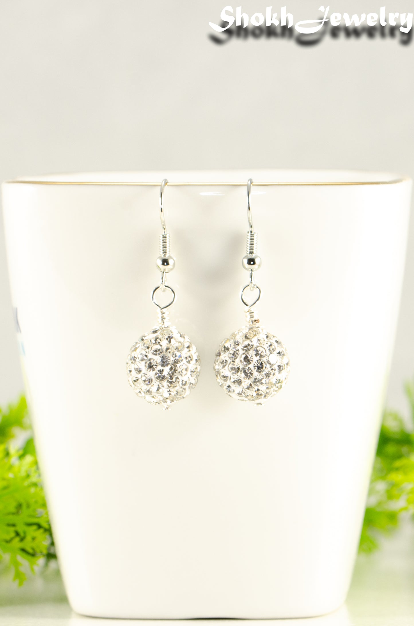 Close up of 12mm Rhinestone Disco Ball Earrings.