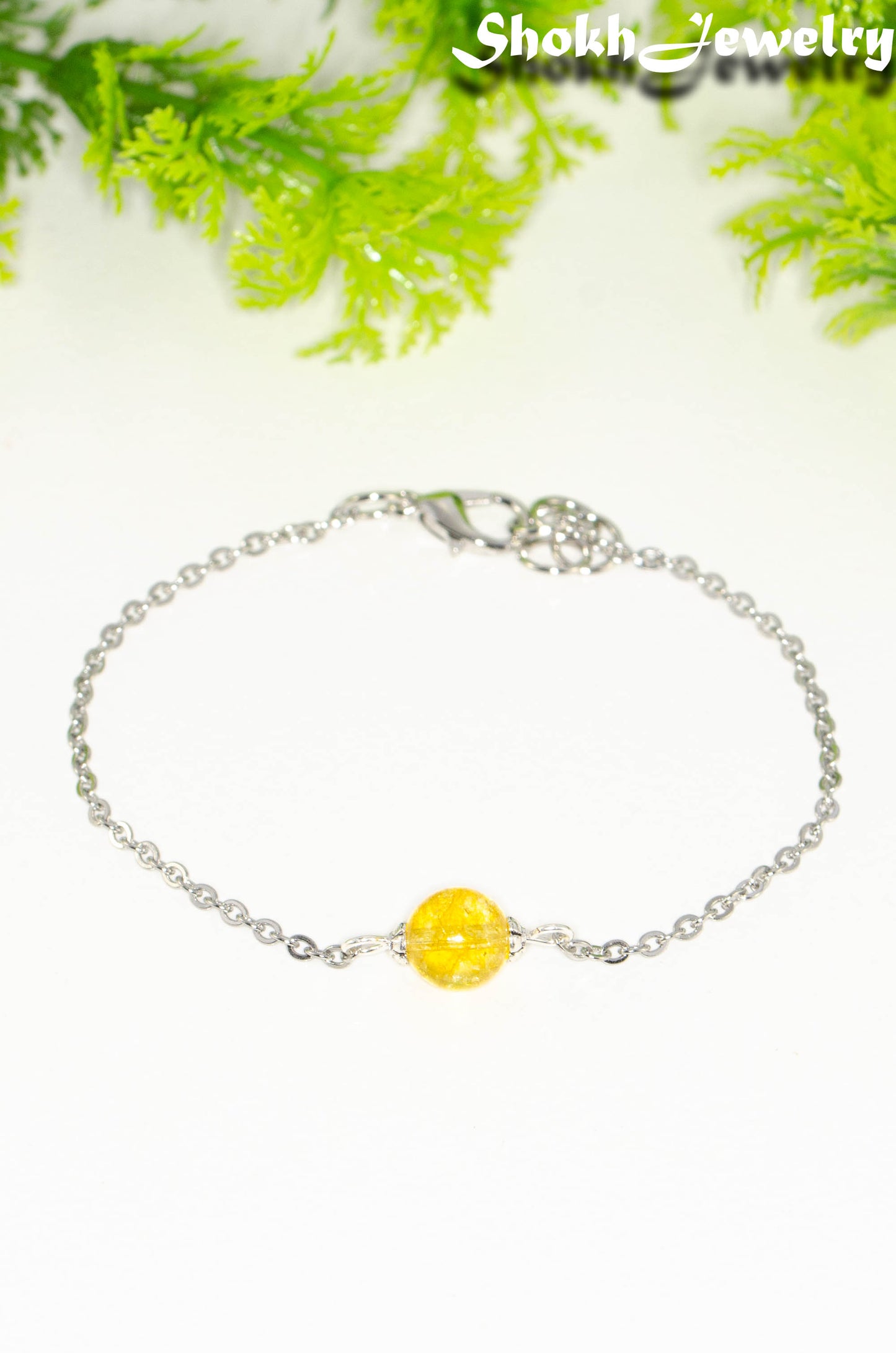 Close up of 8mm Citrine and Chain Anklet.