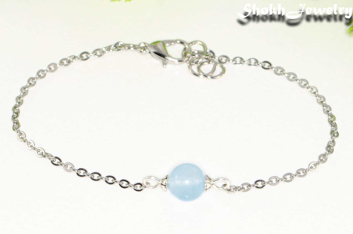 Close up of 8mm Aquamarine and Chain Anklet.