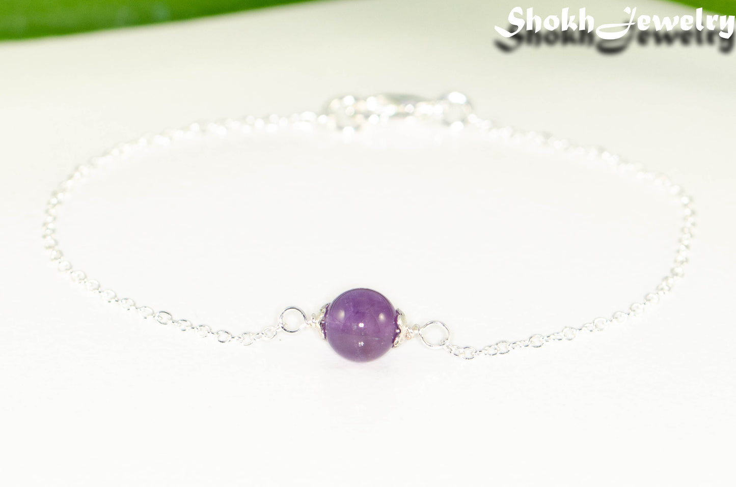 Close up of Minimal Amethyst Bracelet.