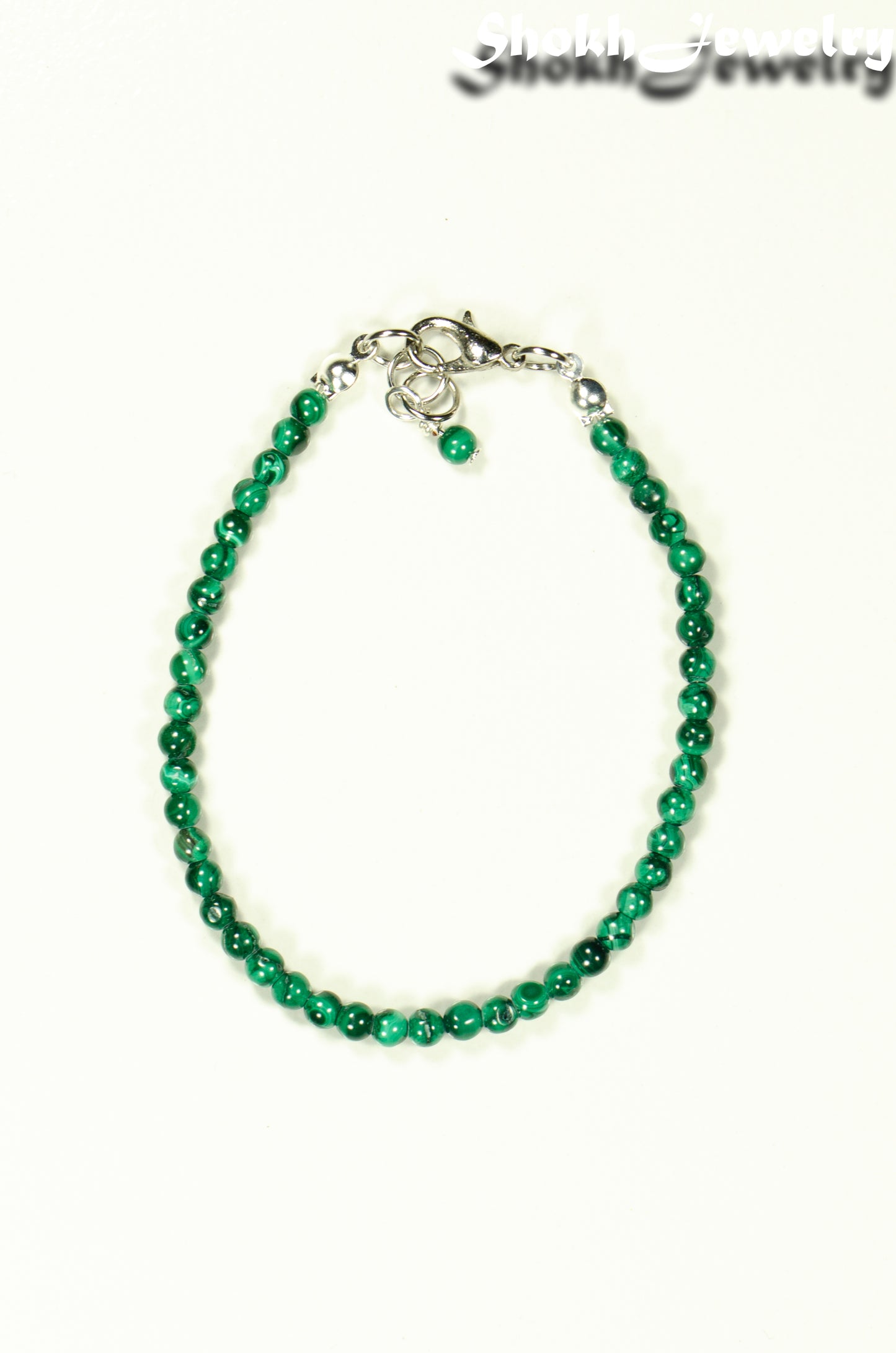 Top view of 3mm Natural Malachite Bracelet with Clasp.