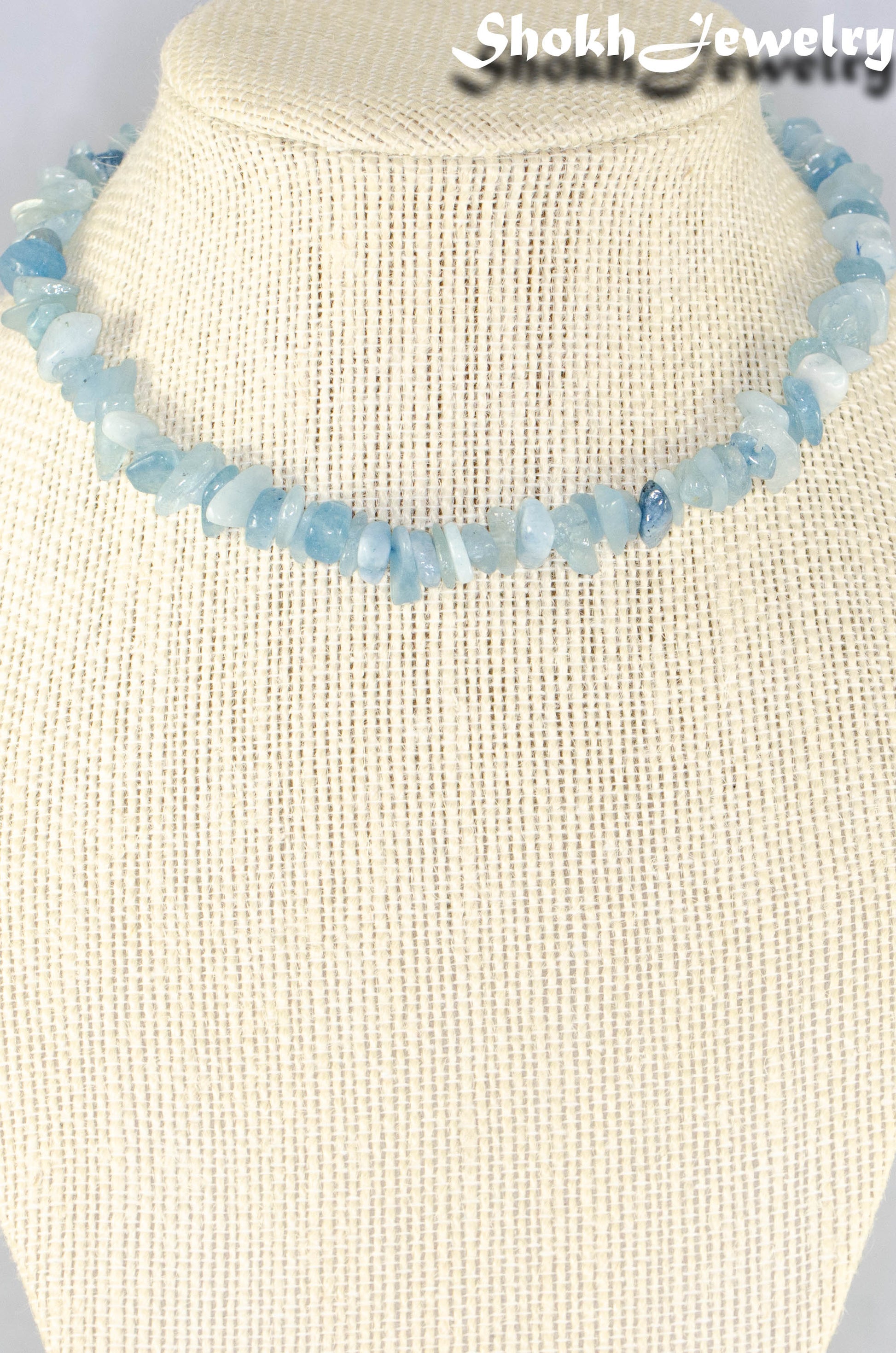 Close up of Natural Aquamarine Crystal Chip Choker Necklace