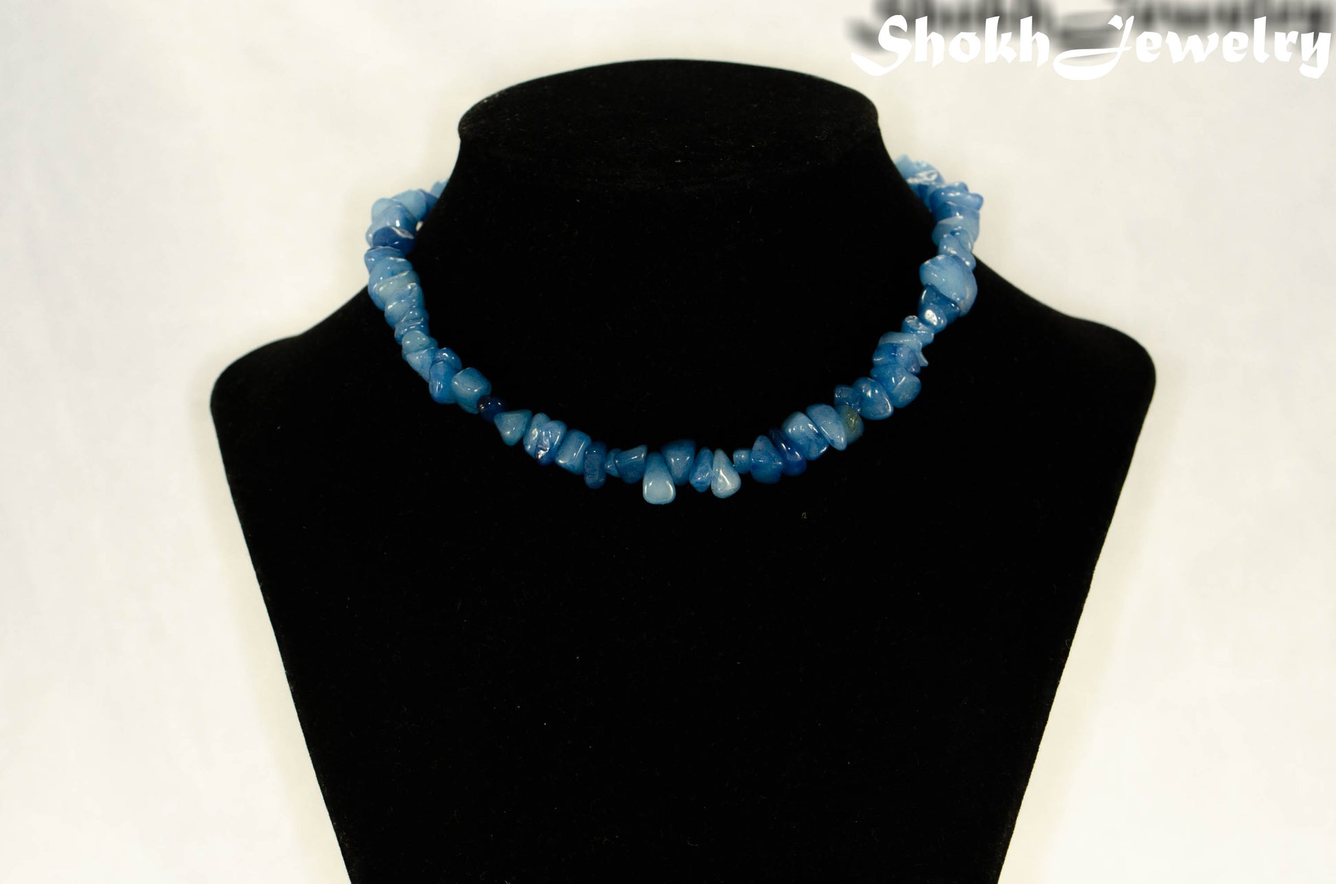Natural Blue Quartzite Crystal Chip Choker Necklace displayed on a bust